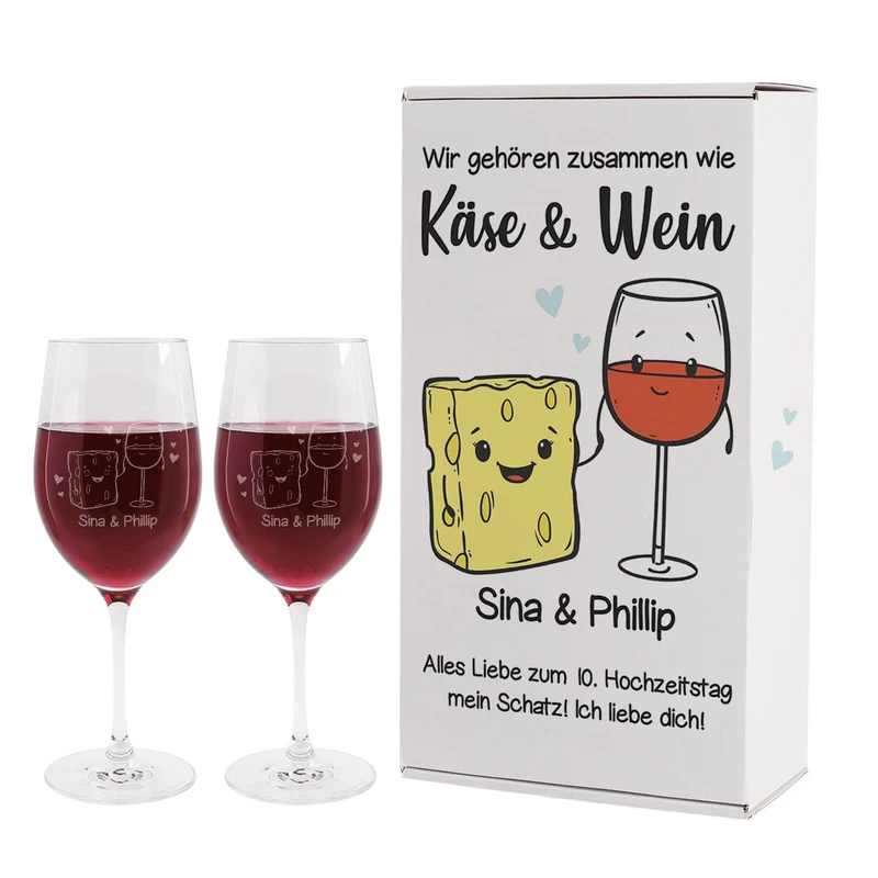 Wir gehören zusammen wie Käse & Wein - Geschenkset mit zwei Weingläsern