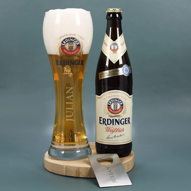 Erdinger Bier-Geschenkset zu Weihnachten, mit graviertem Glas, Weißbier und Flaschenöffner
