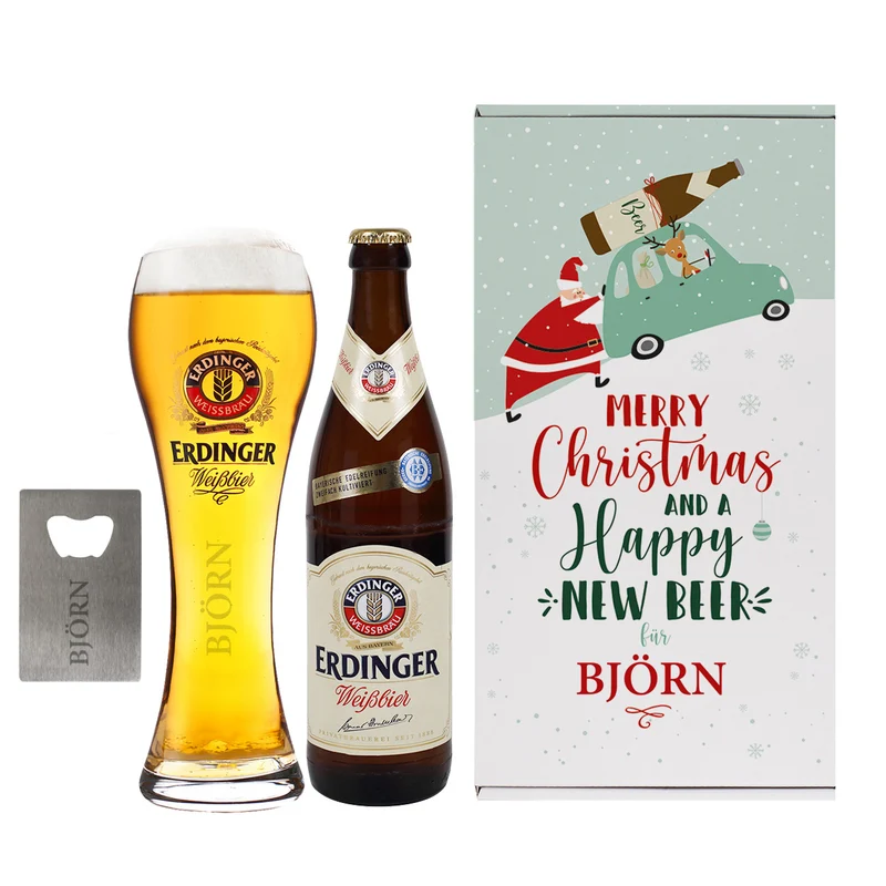 Erdinger Bier-Geschenkset zu Weihnachten, mit graviertem Glas, Weißbier und Flaschenöffner