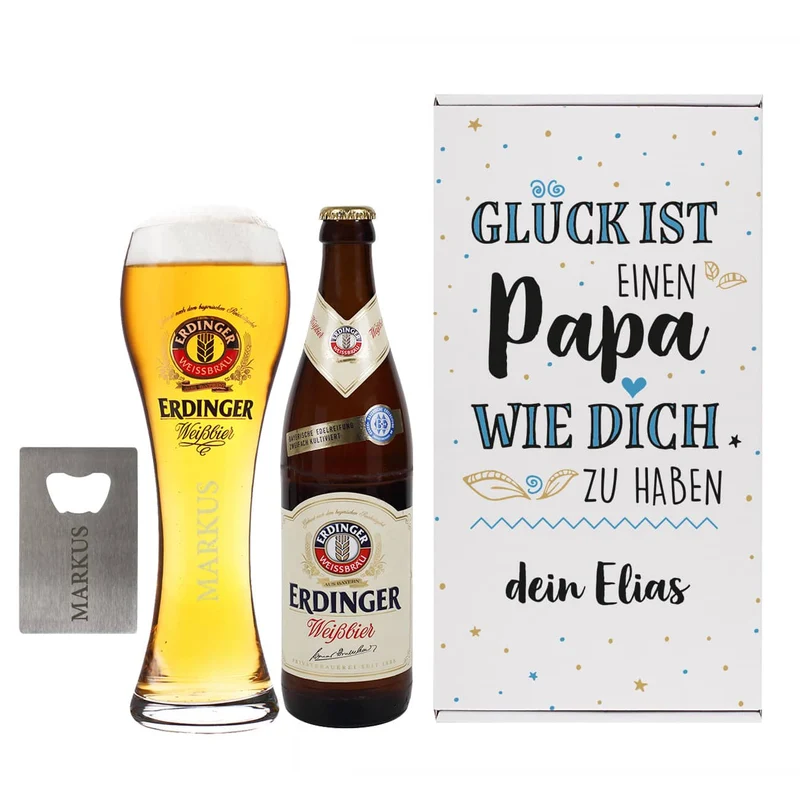 Glück ist, einen Papa wie dich zu haben - Erdinger Biergeschenk mit Glas und Öffner