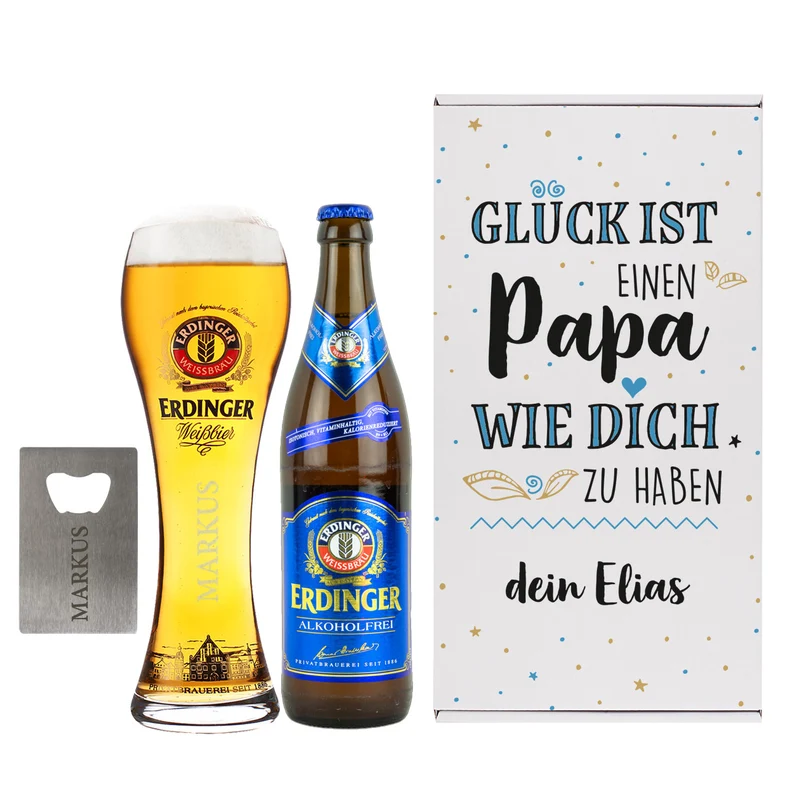 Glück ist, einen Papa wie dich zu haben - Erdinger Biergeschenk mit Glas und Öffner
