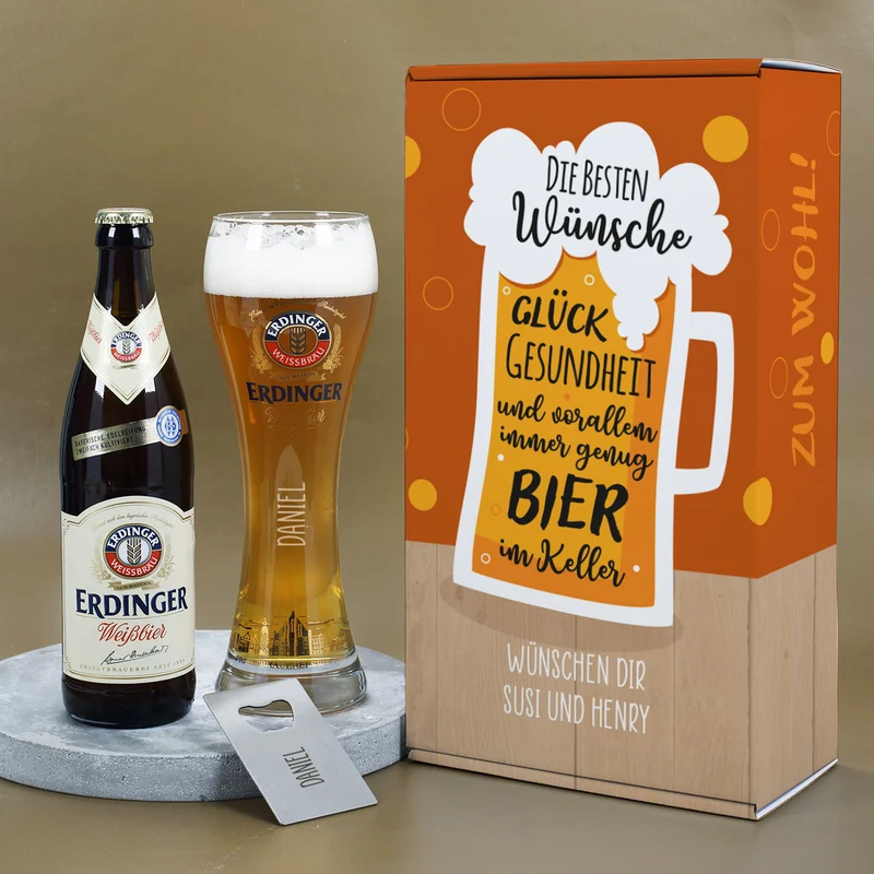 Beste Wünsche - Erdinger Geschenkset für Männer mit Wunschtext und Name | Mit oder ohne Alkohol