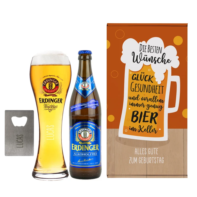 Beste Wünsche - Erdinger Geschenkset für Männer mit Wunschtext und Name | Mit oder ohne Alkohol