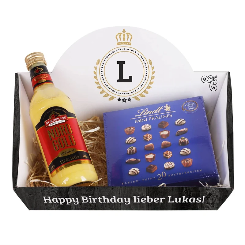 Geschenkkorb für Männer mit persönlichem Druck und verschiedenen Füllungen