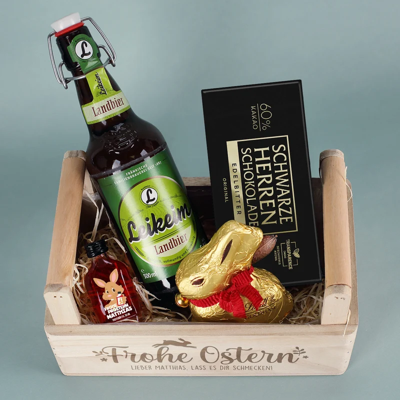 Männer Geschenkset zu Ostern, mit Herrenschokolade, Bier, Schnaps und Lindt Goldhase