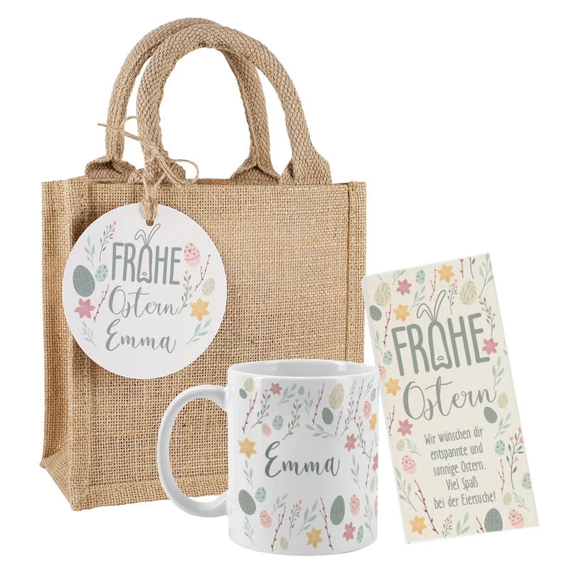 Geschenkset zu Ostern mit personalisierter Tasse, Schokolade & Jute-Geschenktüte im Oster-Design