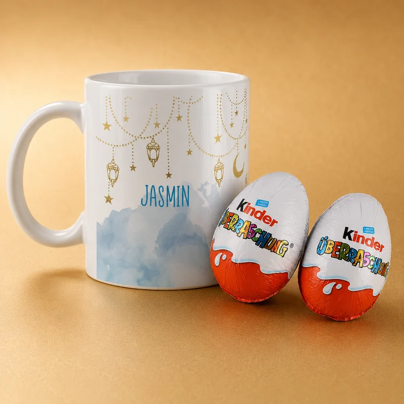 Geschenkset zu Ramadan mit personalisierter Tasse im Laternen-Design und süßer Füllung nach Wahl