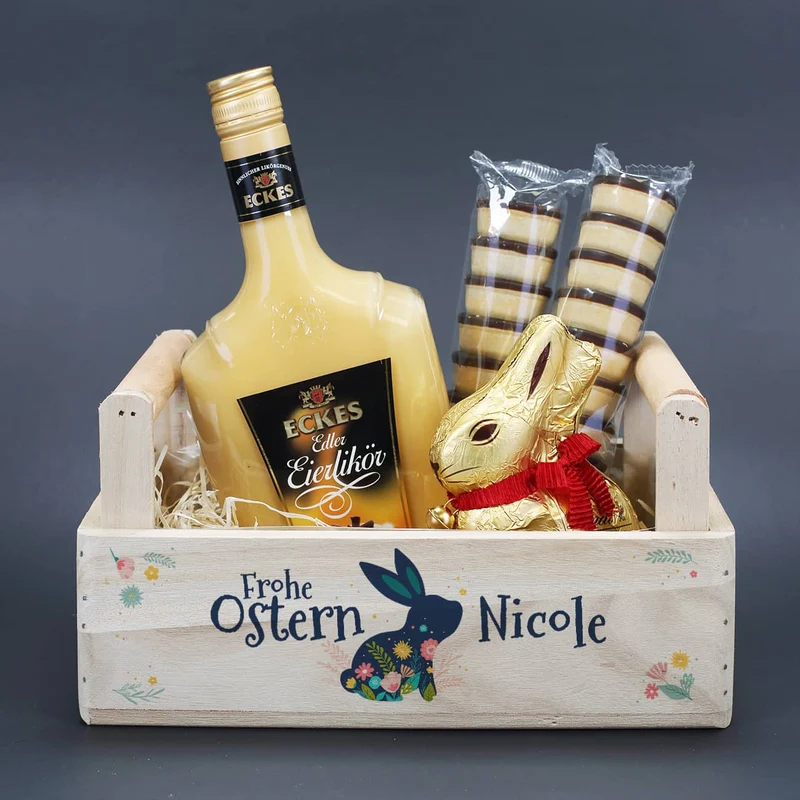 Oster-Geschenkset im Holzkorb mit Eckes Eierlikör, Lindt Goldhase und Waffelbechern