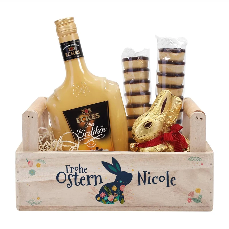 Oster-Geschenkset im Holzkorb mit Eckes Eierlikör, Lindt Goldhase und Waffelbechern