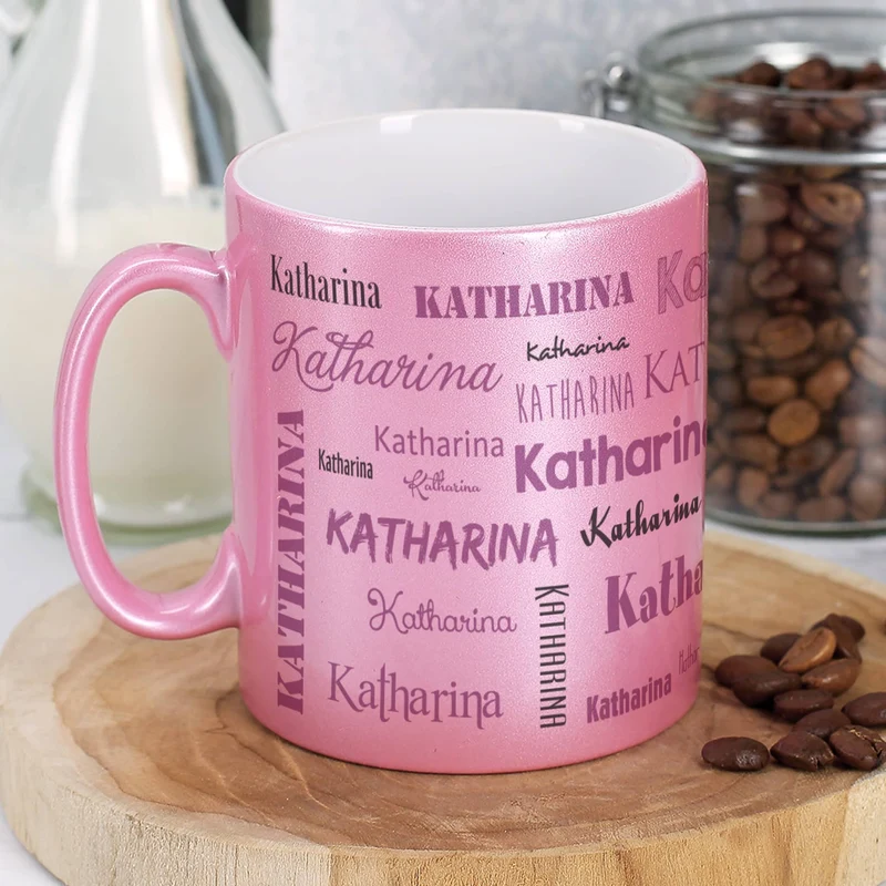 Pinke Glitzertasse in persönlicher Tassentasche mit Name und Wunschtext