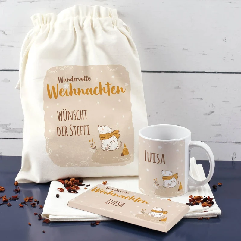 Geschenkset - Wundervolle Weihnachten - Tasse, Schokolade und Geschenksack mit Eisbär Motiv