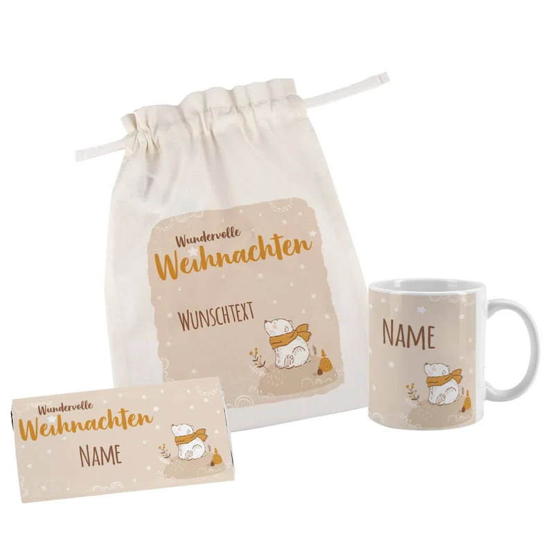 Geschenkset - Wundervolle Weihnachten - Tasse, Schokolade und Geschenksack mit Eisbär Motiv