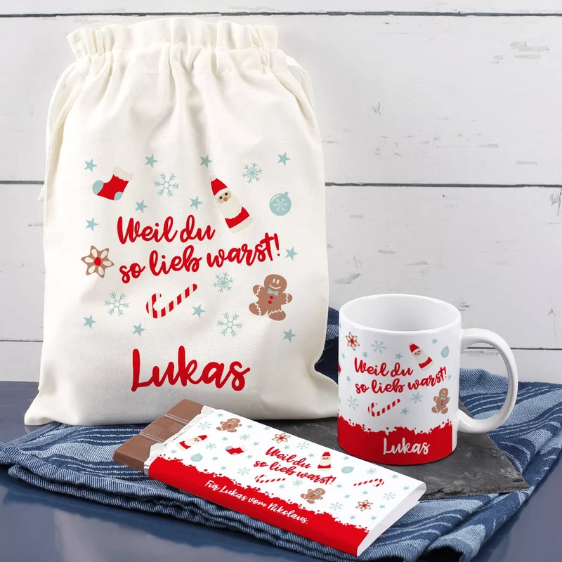 Nikolaus Geschenkset - Weil du so lieb warst - mit Tasse, Schokolade und Baumwollsack
