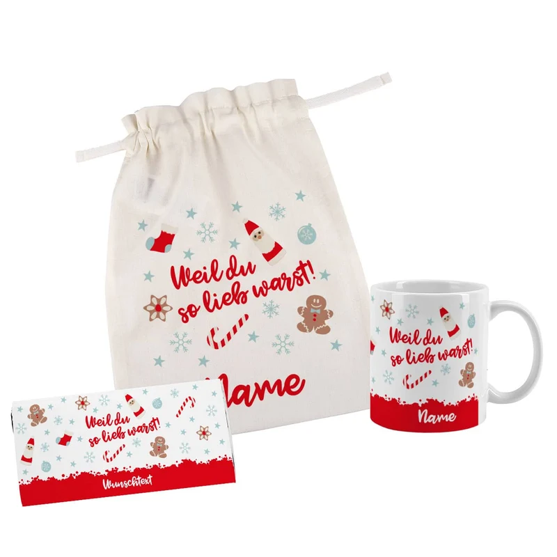 Nikolaus Geschenkset - Weil du so lieb warst - mit Tasse, Schokolade und Baumwollsack