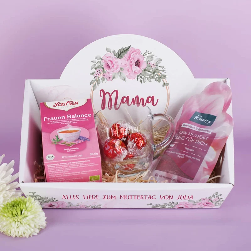 Floraler Geschenkkorb zum Muttertag oder Geburtstag mit verschiedenen Füllungen
