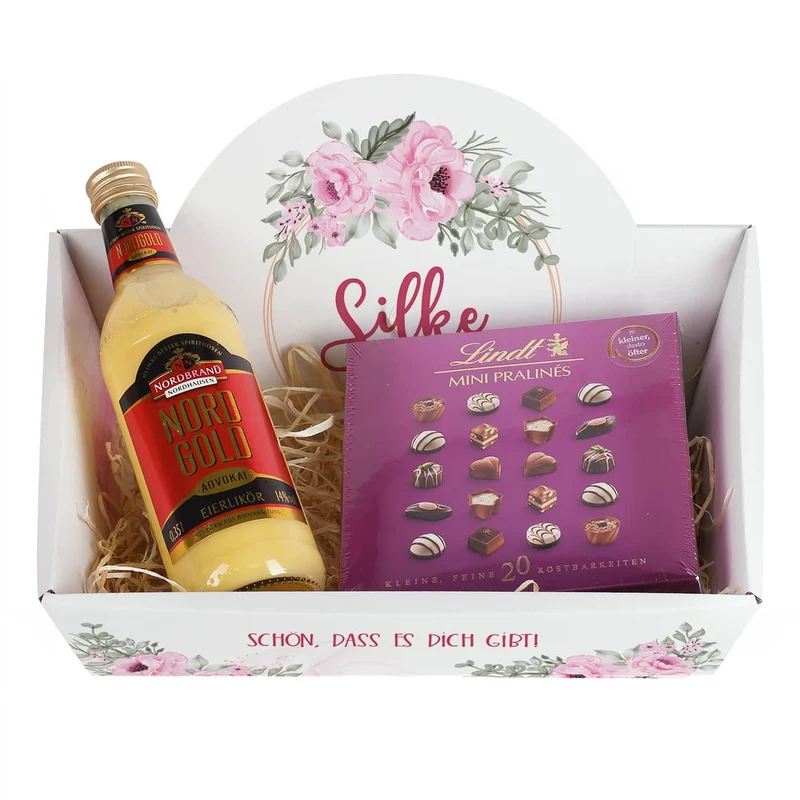 Floraler Geschenkkorb zum Muttertag oder Geburtstag mit verschiedenen Füllungen