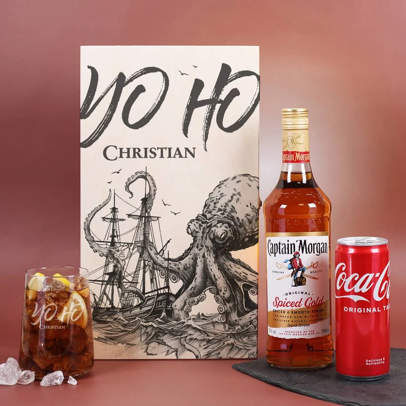 Yo Ho - Hochwertiges Geschenkset mit Captain Morgan, Coca Cola und Glas