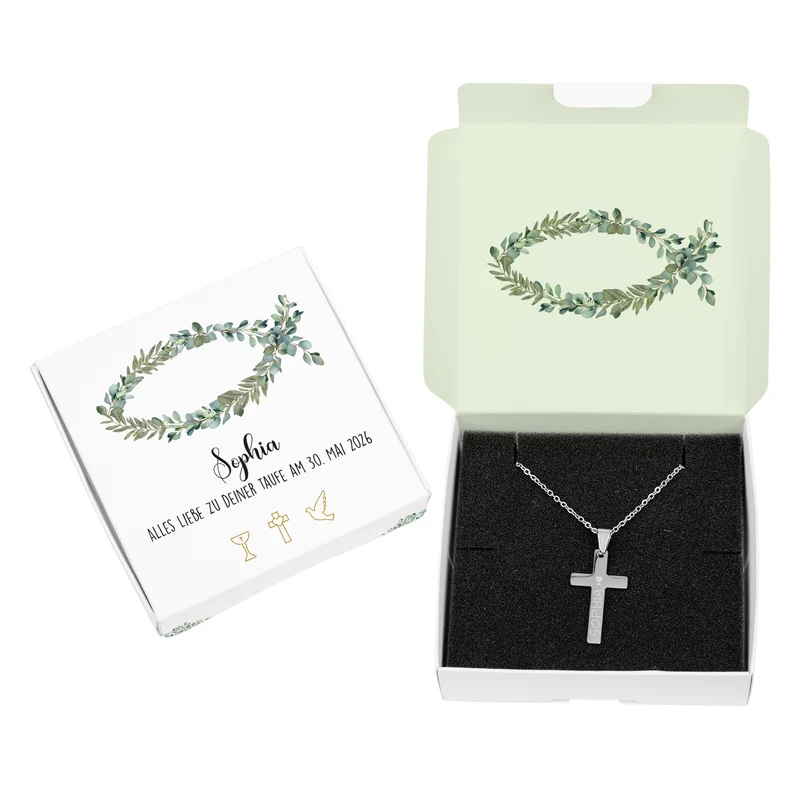 Halskette mit graviertem Kreuz zu Kommunion, Konfirmation, Taufe in Geschenkbox