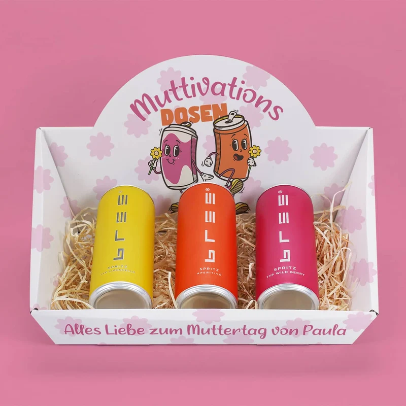 Muttivationsdosen zum Muttertag - 3 Bree Spritz Dosen im Geschenkkorb