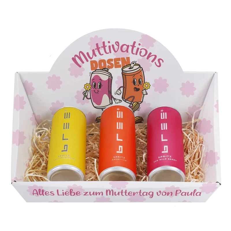 Muttivationsdosen zum Muttertag - 3 Bree Spritz Dosen im Geschenkkorb