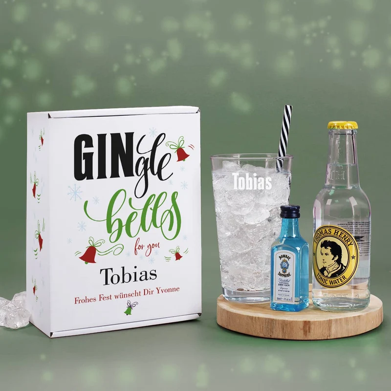 GINgle bells - Geschenkset zu Weihnachten mit Gin, Tonic und graviertem Glas