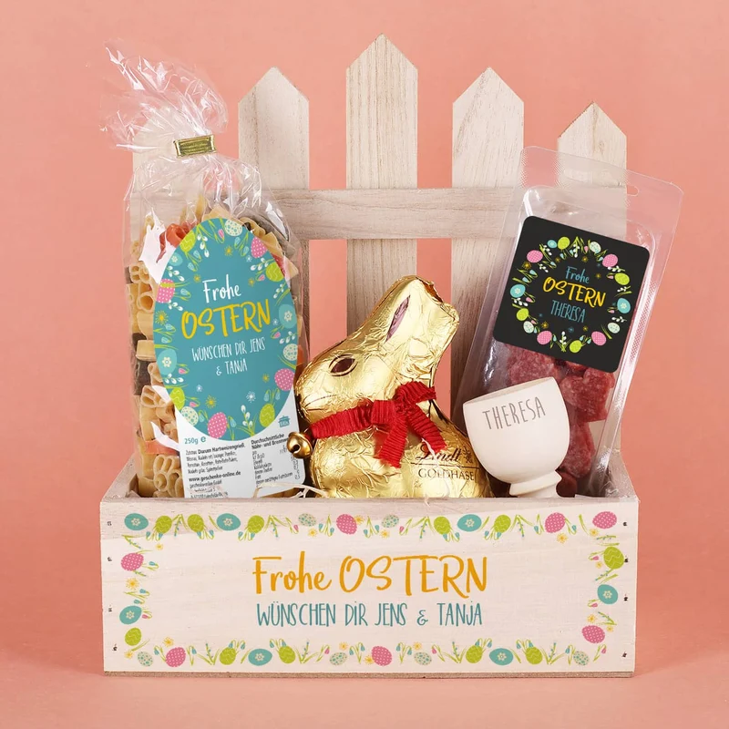 Geschenkset zu Ostern mit Hasennudeln, Salamiherzen, Eierbecher und Lindthase