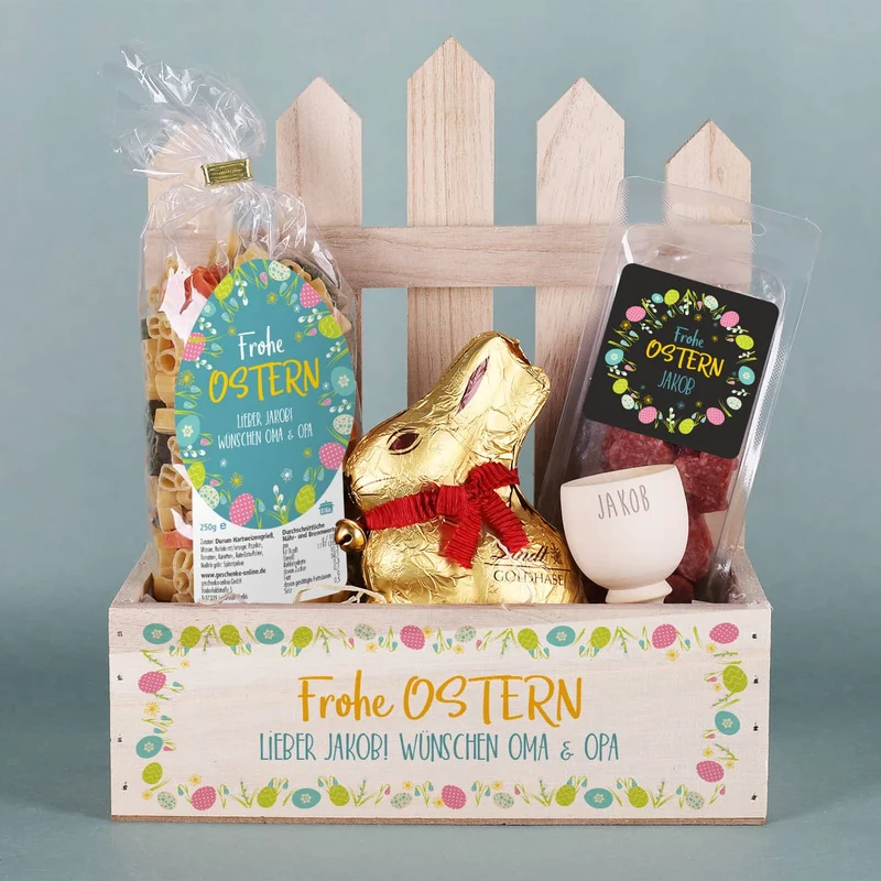 Geschenkset zu Ostern mit Hasennudeln, Salamiherzen, Eierbecher und Lindthase