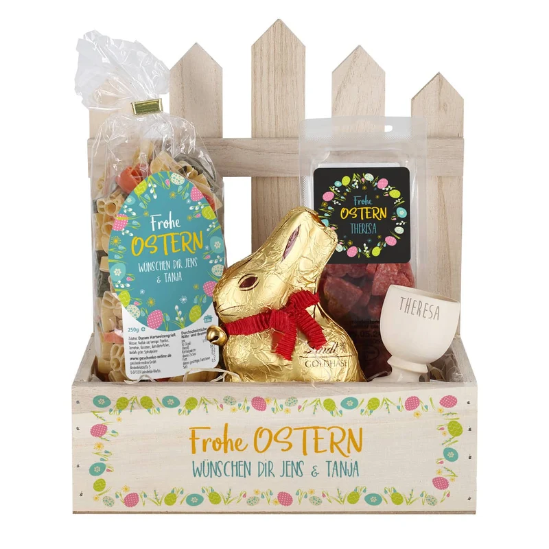 Geschenkset zu Ostern mit Hasennudeln, Salamiherzen, Eierbecher und Lindthase