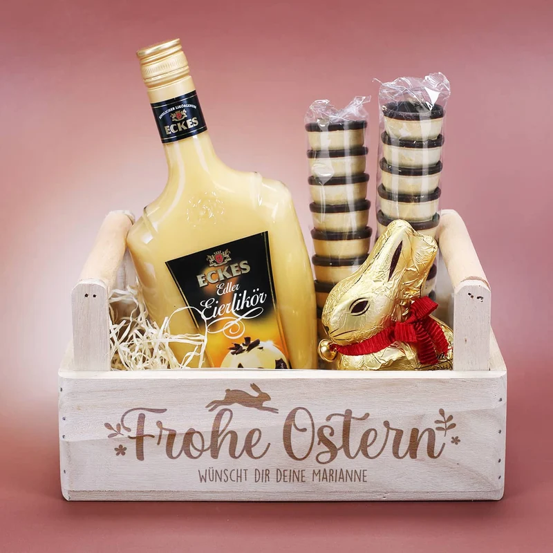 Geschenkset zu Ostern mit Eierlikör und Lindt Schokohase in gravierter Holzbox