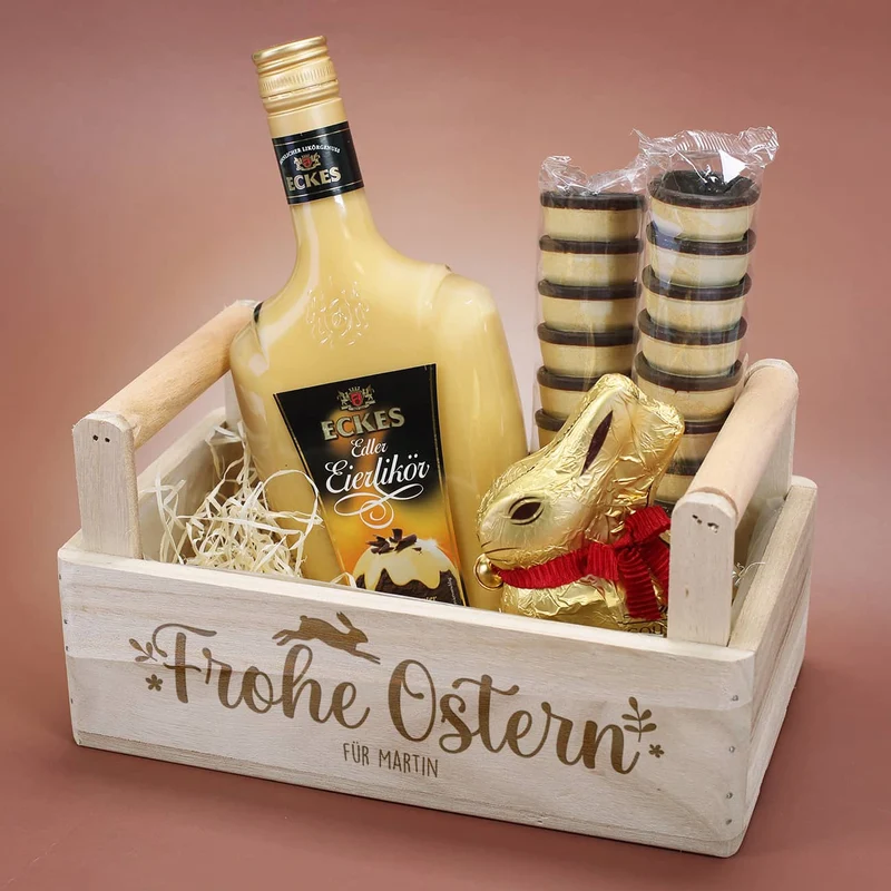 Geschenkset zu Ostern mit Eierlikör und Lindt Schokohase in gravierter Holzbox