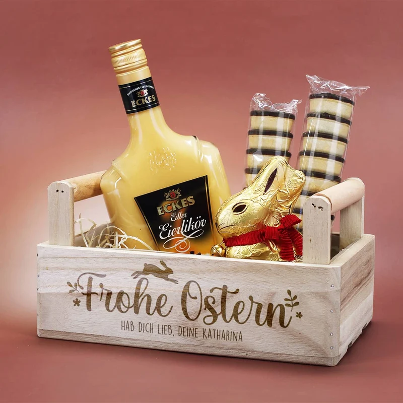 Geschenkset zu Ostern mit Eierlikör und Lindt Schokohase in gravierter Holzbox