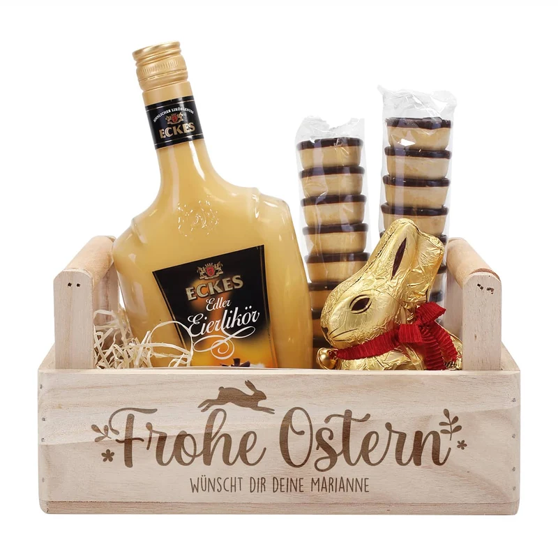 Geschenkset zu Ostern mit Eierlikör und Lindt Schokohase in gravierter Holzbox