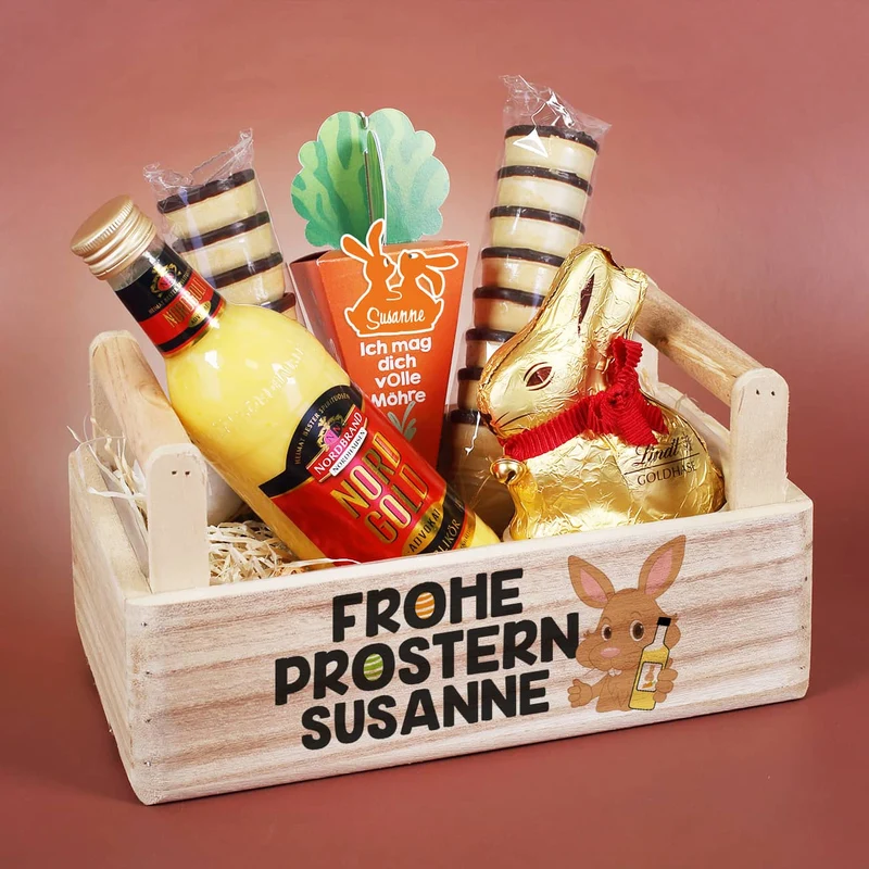 Frohe Prostern - Geschenkset mit Eierlikör, Goldhase und Möhre