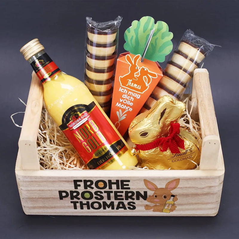 Frohe Prostern - Geschenkset mit Eierlikör, Goldhase und Möhre