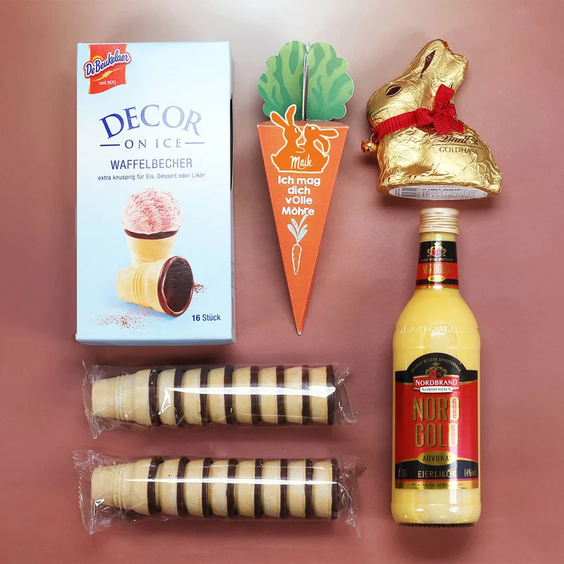 Frohe Prostern - Geschenkset mit Eierlikör, Goldhase und Möhre