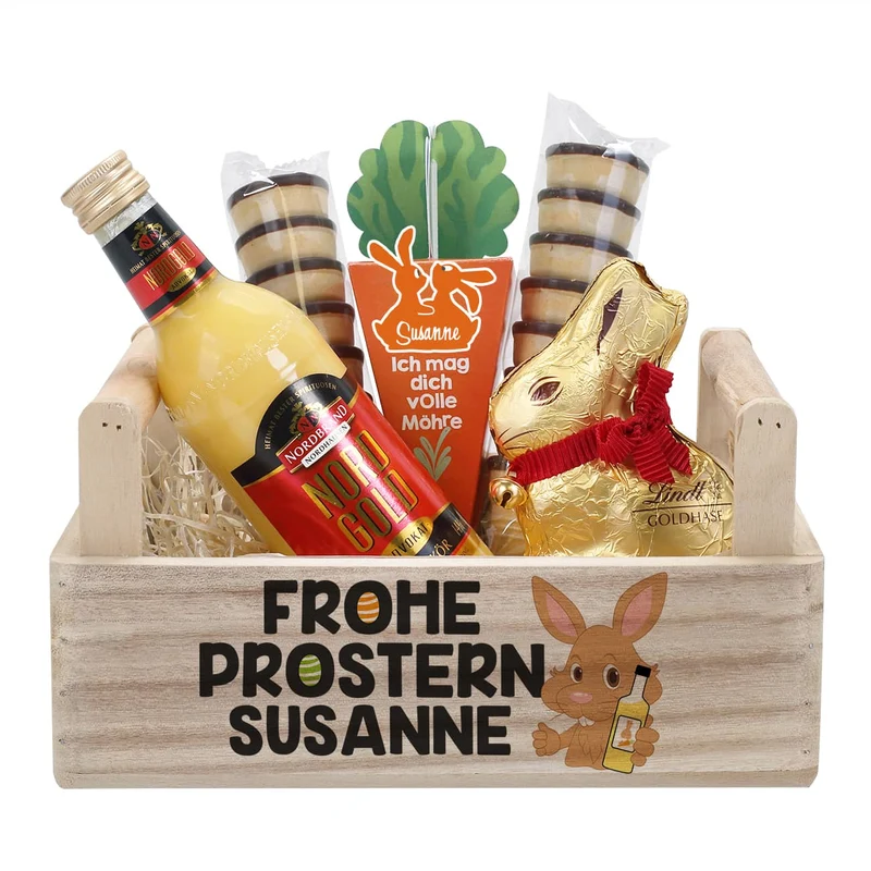 Frohe Prostern - Geschenkset mit Eierlikör, Goldhase und Möhre