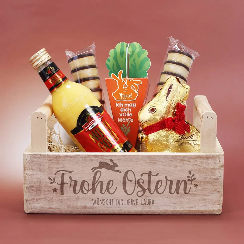 Geschenkset zu Ostern mit Eierlikör, Lindt Hase und Möhre
