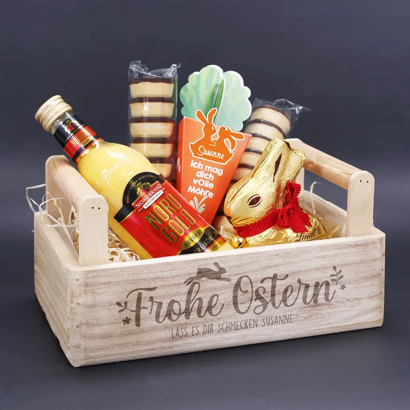 Geschenkset zu Ostern mit Eierlikör, Lindt Hase und Möhre