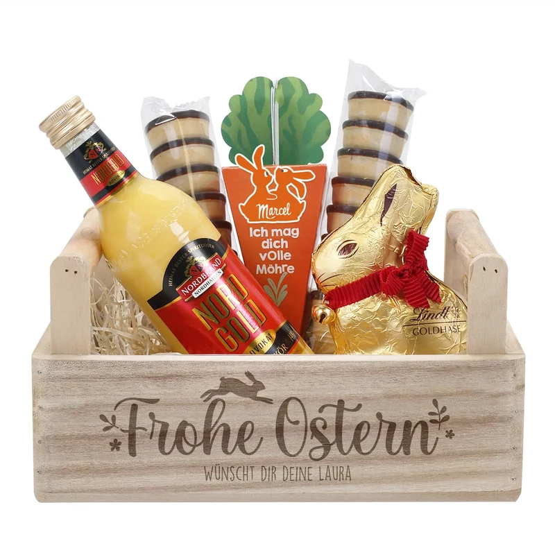 Geschenkset zu Ostern mit Eierlikör, Lindt Hase und Möhre