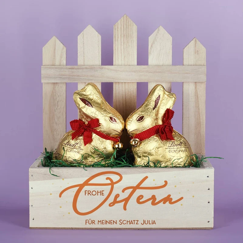 Frohe Ostern - Geschenkkorb mit zwei Goldhasen von Lindt befüllt