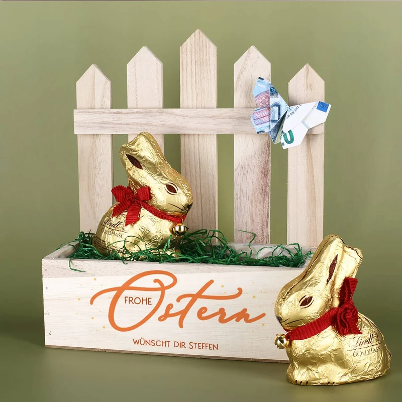 Frohe Ostern - Geschenkkorb mit zwei Goldhasen von Lindt befüllt