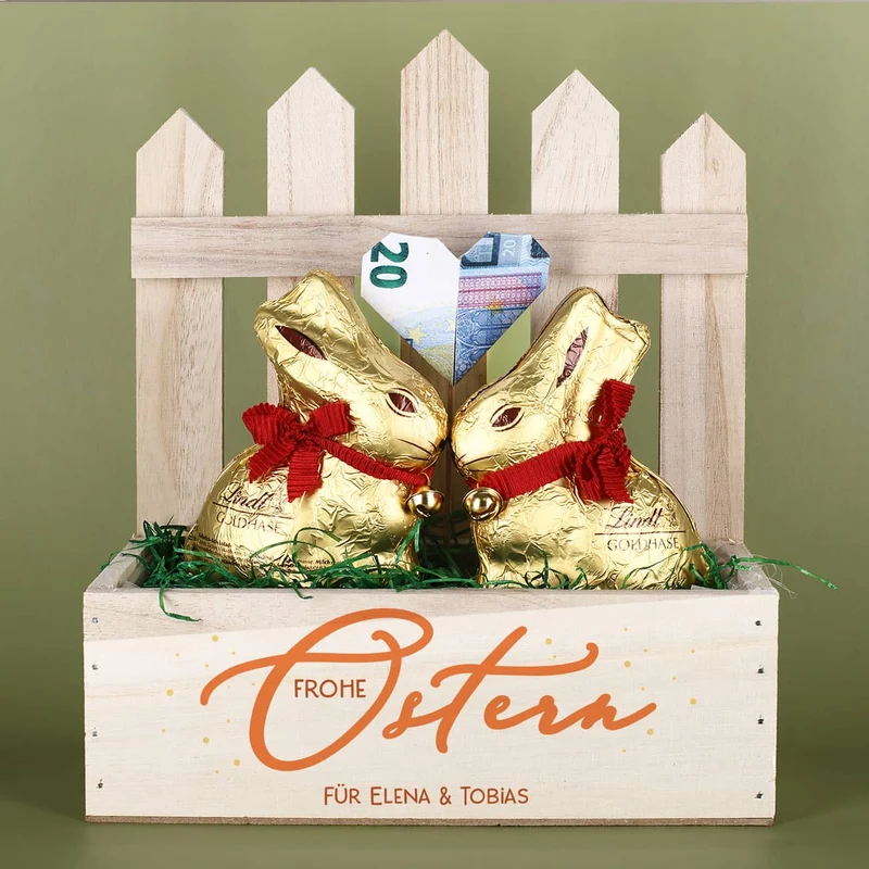 Frohe Ostern - Geschenkkorb mit zwei Goldhasen von Lindt befüllt