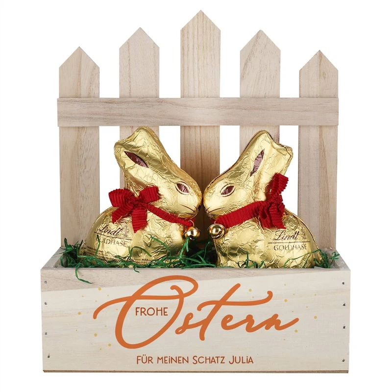 Frohe Ostern - Geschenkkorb mit zwei Goldhasen von Lindt befüllt