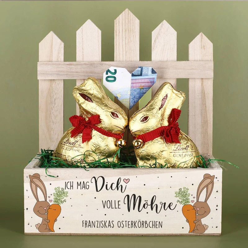 Ich mag Dich volle Möhre - Osterkörbchen mit zwei Lindthasen und Ostergras gefüllt