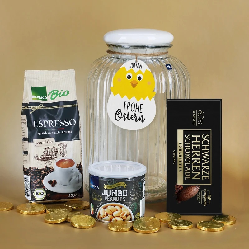Geschenkset zu Ostern in großer Glasdose mit süßem Kükenanhänger