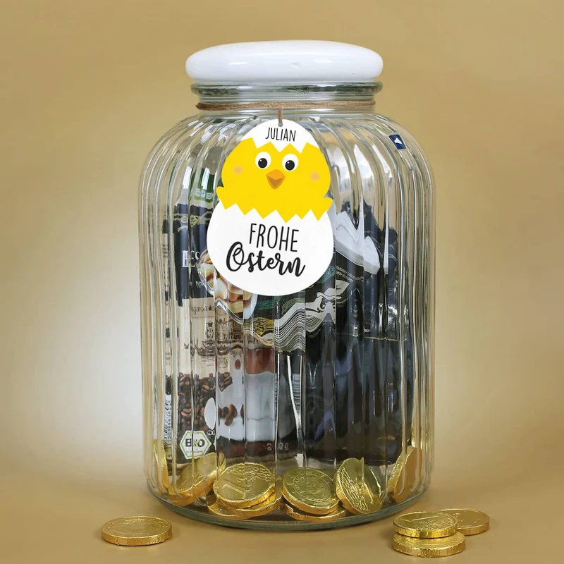 Geschenkset zu Ostern in großer Glasdose mit süßem Kükenanhänger