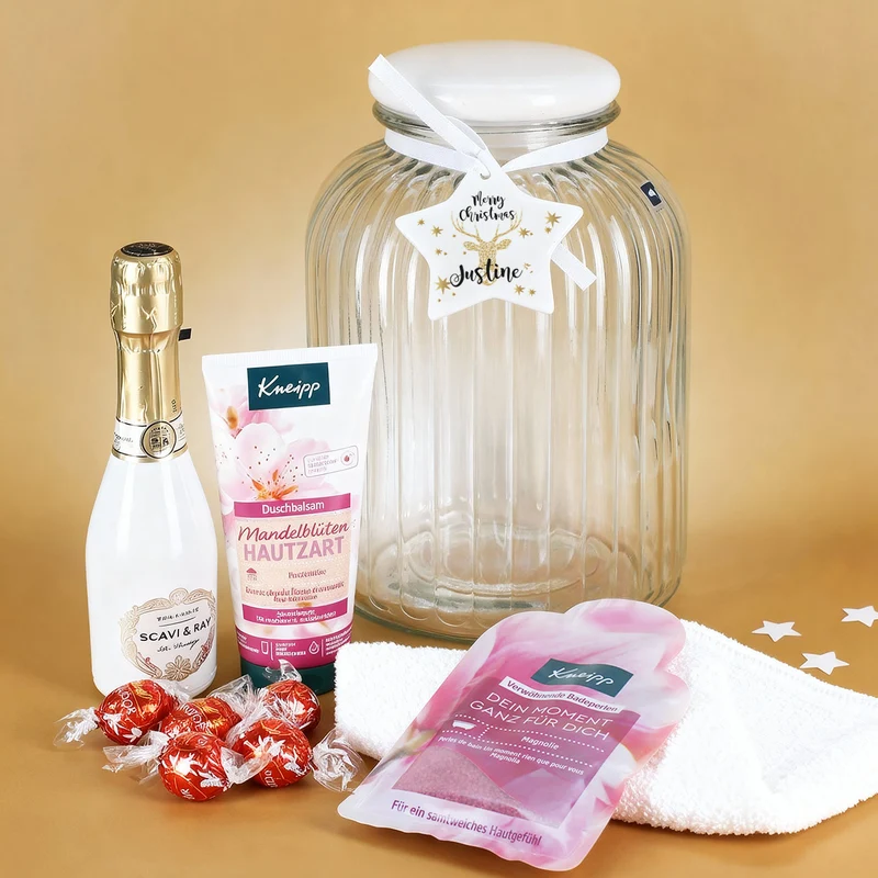 Weihnachtsgeschenkset für Frauen - gefüllte Glasdose mit praktischem Inhalt