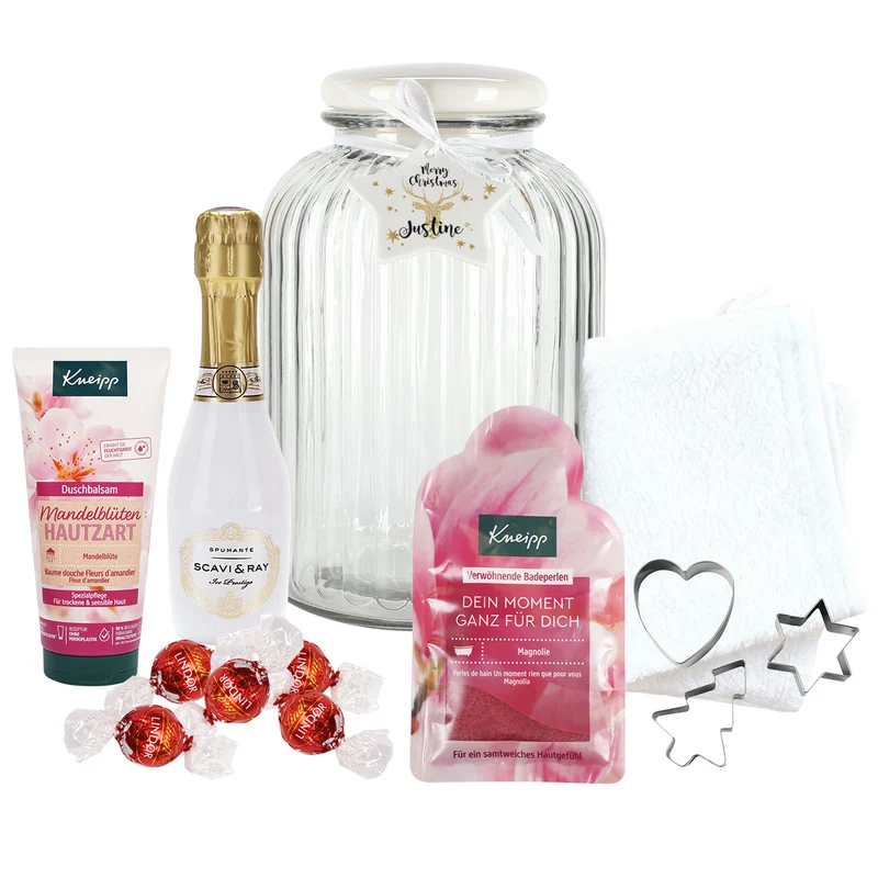 Weihnachtsgeschenkset für Frauen - gefüllte Glasdose mit praktischem Inhalt