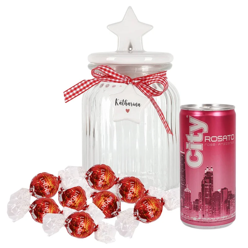 Gefüllte Glasdose als Geschenkset für Frauen - mit persönlichem Anhänger