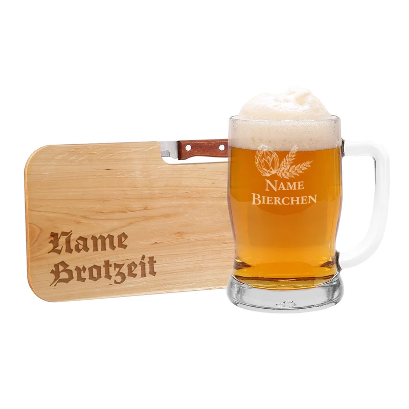 Frühstücksset für Männer mit graviertem Bierglas und Brettchen
